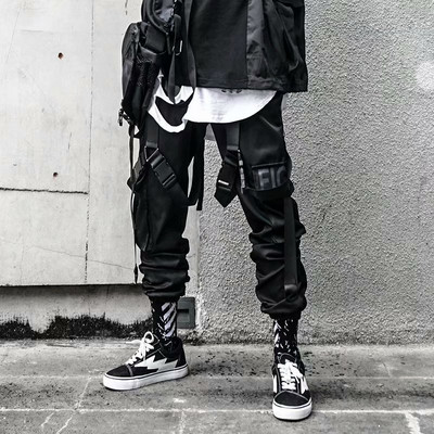 Pantaloni de jogging hip hop clasici pentru bărbați, panglici cu litere, pantaloni cargo, buzunare, pantaloni tactici casual, pantaloni de sport K102