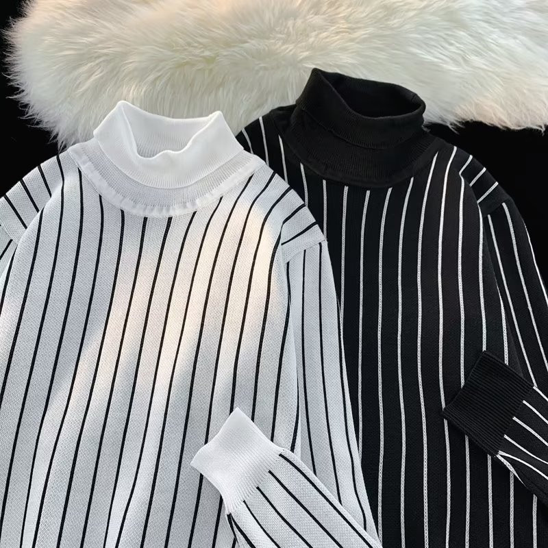 Puloveri Muškarci Pleteni prugasti puloveri Jednostavni uski jesenski šik Novo ležerni dolčevita Trendy višeslojna korejska zimska odjeća