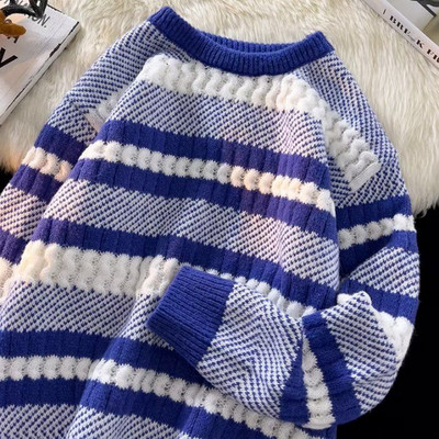 Kontrastvärvi triibuline kampsun meeste uus Harajuku O-kaelusega pikkade varrukatega kootud pulloverid Moodsad meeste vabad tänavarõivad