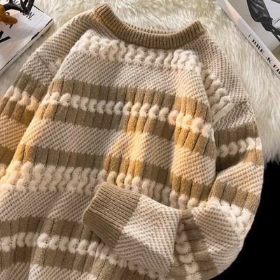 Kontrastvärvi triibuline kampsun meeste uus Harajuku O-kaelusega pikkade varrukatega kootud pulloverid Moodsad meeste vabad tänavarõivad