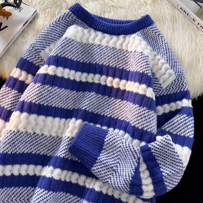 Kontrastvärvi triibuline kampsun meeste uus Harajuku O-kaelusega pikkade varrukatega kootud pulloverid Moodsad meeste vabad tänavarõivad