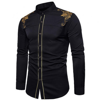 Риза с бродерия в черно злато Мъжки пролет 2022 г. Нови мъжки рокли Ризи със стояща яка Ризи с копчета Chemise Homme Camisa Masculina