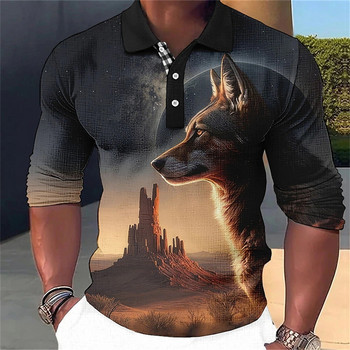 Животни Мъжка тениска с поло 3d принт на вълци Ежедневни ежедневни тениски с ревери Fierce Beast Тениска за мъжко облекло Летни дълги ръкави