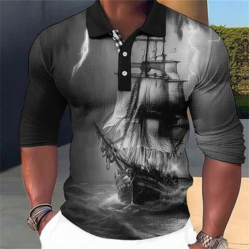 Νέο ανδρικό μπλουζάκι πόλο πειρατικό μπλουζάκι πλοίου μακρυμάνικο casual ιστιοπλοϊκό ανδρικό πόλο μόδας μεγάλου μεγέθους 5xl Μπλουζάκια με κουμπί γρήγορου στεγνώματος Ρούχα