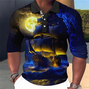 Нова мъжка тениска с поло Pirate Ship T Shirt с дълъг ръкав Ежедневно мъжко поло за ветроходство Модно поло с големи размери 5xl Бързосъхнещи горнища с копчета