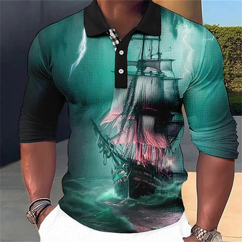 Νέο ανδρικό μπλουζάκι πόλο πειρατικό μπλουζάκι πλοίου μακρυμάνικο casual ιστιοπλοϊκό ανδρικό πόλο μόδας μεγάλου μεγέθους 5xl Μπλουζάκια με κουμπί γρήγορου στεγνώματος Ρούχα