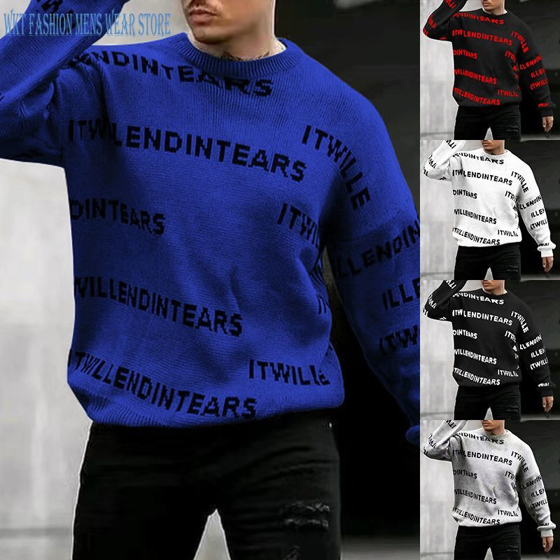 Pulover s printom slova na vafle Muška odjeća Pletena košulja dugih rukava Muški uski ležerni sportski top Muški pleteni pulover