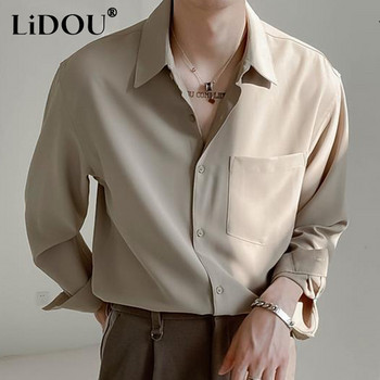 Пролет Есен Модерна модна мъжка блуза от висок клас с дълъг ръкав Проста ежедневна шикозна риза Свободна драпировка Едноцветен универсален топ за мъже