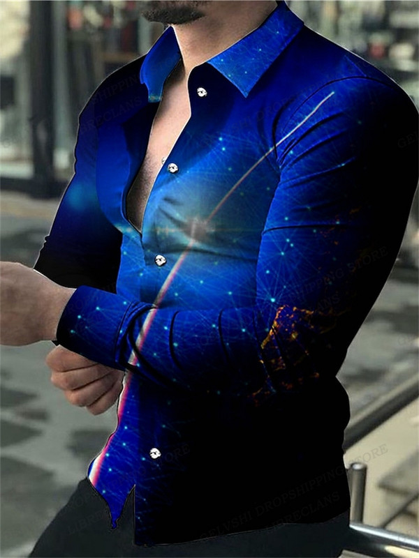 Geomeetrilised särgid Meeste moodne särk pikkade varrukatega Hawaii särgid Kuuba rannapluus Meeste riided Kolmemõõtmeline Camisas mees