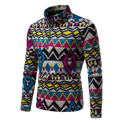 Džemper s polupatentnim zatvaračem s etničkim printom za muškarce, pulover s stojećim ovratnikom Ležerna topla muška odjeća s dugim rukavima, jesen i zima