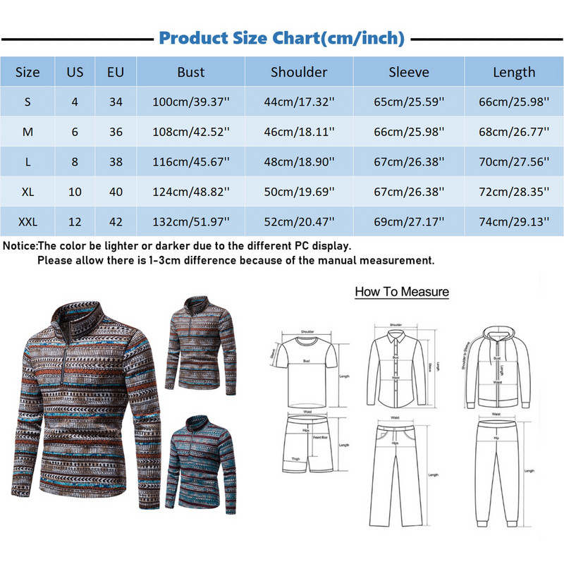 Džemper s polupatentnim zatvaračem s etničkim printom za muškarce, pulover s stojećim ovratnikom Ležerna topla muška odjeća s dugim rukavima, jesen i zima