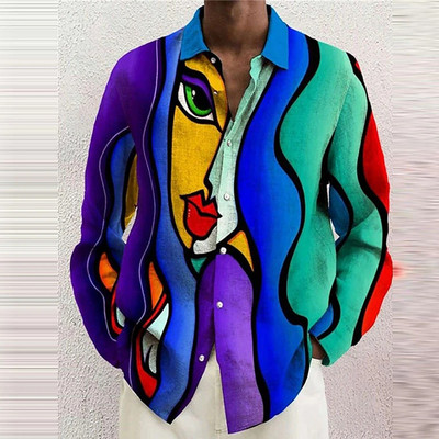 Abstraktsed näo särgid portree 3D trükitud särgid Meeste naiste mood Hawaii särk pikkade varrukatega rannapluus Meeste kutseriided