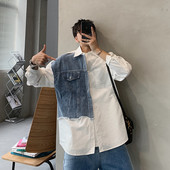 Denim Patchwork valge särk meeste revääridega pikkade varrukatega nööp lahtised topsid kevad-sügismood vintage särgid tänavarõivad meestele
