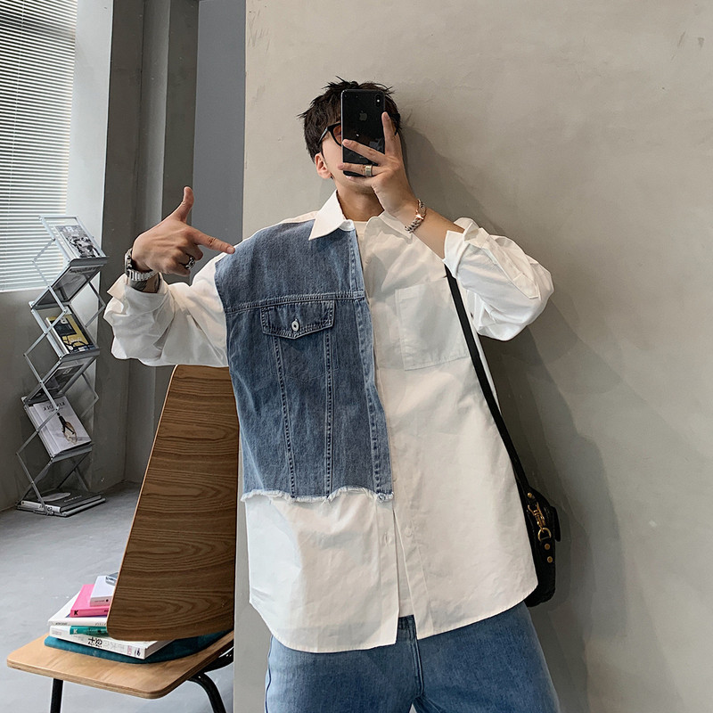 Denim Patchwork valge särk meeste revääridega pikkade varrukatega nööp lahtised topsid kevad-sügismood vintage särgid tänavarõivad meestele