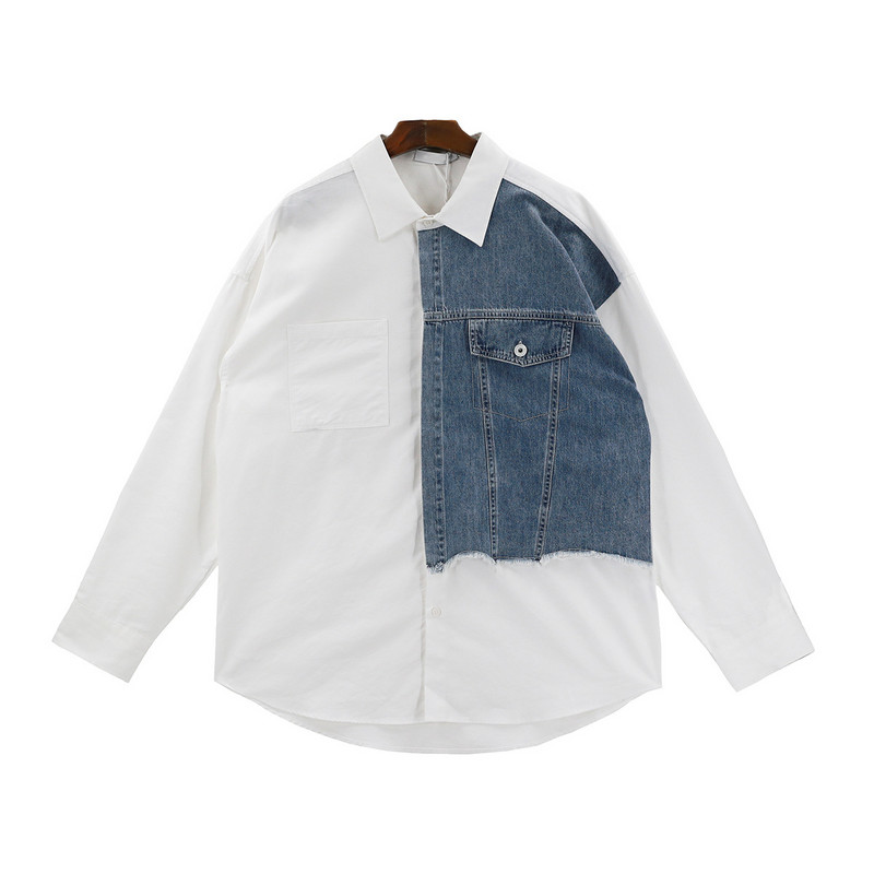 Denim Patchwork valge särk meeste revääridega pikkade varrukatega nööp lahtised topsid kevad-sügismood vintage särgid tänavarõivad meestele