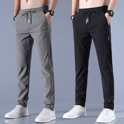 Мъжки панталони от ледена коприна, едноцветни, средна талия, свободни дишащи ежедневни панталони с прави крачоли, тънки бързосъхнещи спортни панталони