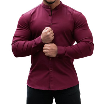 Мъжка ежедневна риза Slim Fit Микроеластичен дълъг ръкав Удобна универсална горнища със стояща яка Camisas Мъжка риза