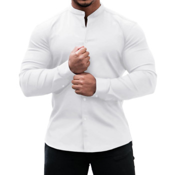 Мъжка ежедневна риза Slim Fit Микроеластичен дълъг ръкав Удобна универсална горнища със стояща яка Camisas Мъжка риза