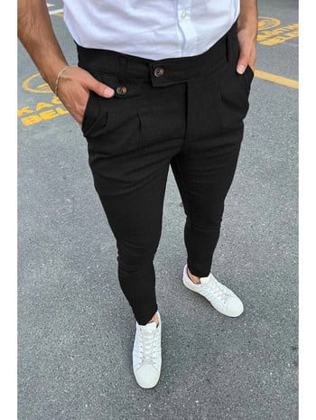 Нови мъжки бизнес ежедневни кльощави разтегливи панталони тип молив Модни панталони с цип и средна талия Едноцветни спортни панталони за джогинг каки