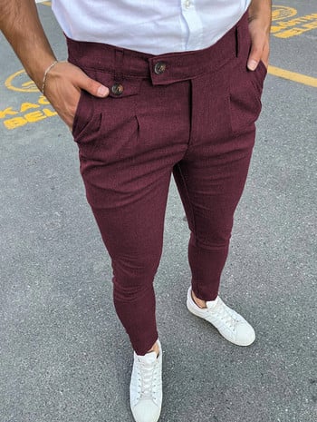 Нови мъжки бизнес ежедневни кльощави разтегливи панталони тип молив Модни панталони с цип и средна талия Едноцветни спортни панталони за джогинг каки