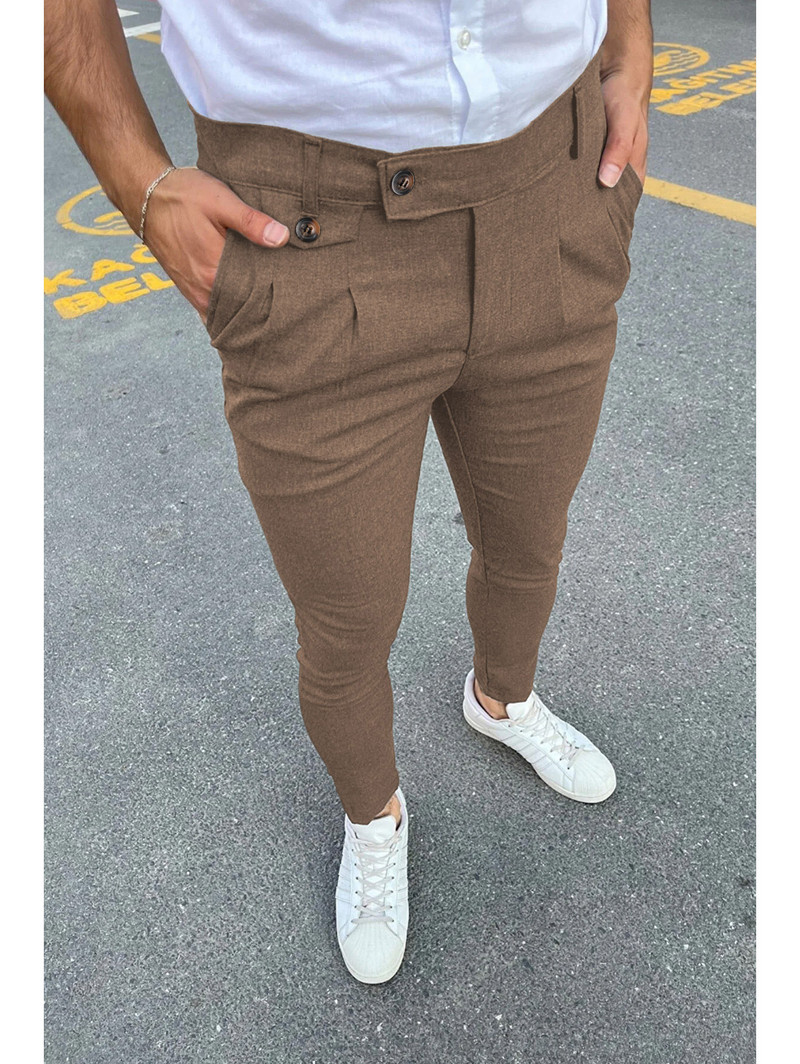 Nove muške poslovne, ležerne uske, rastezljive, uske pencil hlače, modne hlače s patentnim zatvaračem srednjeg struka, jednobojne kaki trenirke za trčanje