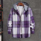 Meeste särk-mantel kevad-sügisruuduline trükiga kapuutsiga nööriga särk, värviline, pikkade varrukatega, üherealine vabaaja jope