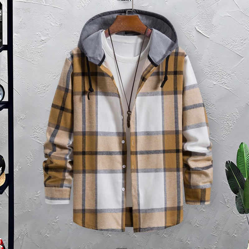 Meeste särk-mantel kevad-sügisruuduline trükiga kapuutsiga nööriga särk, värviline, pikkade varrukatega, üherealine vabaaja jope