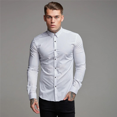 Sügismoodne pikkade varrukatega särk Meeste Solid Super Slim Fit Casual Social Business Kleit Meeste Jõusaali Fitness Spordirõivad