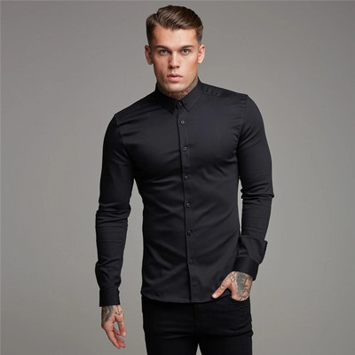 Sügismoodne pikkade varrukatega särk Meeste Solid Super Slim Fit Casual Social Business Kleit Meeste Jõusaali Fitness Spordirõivad