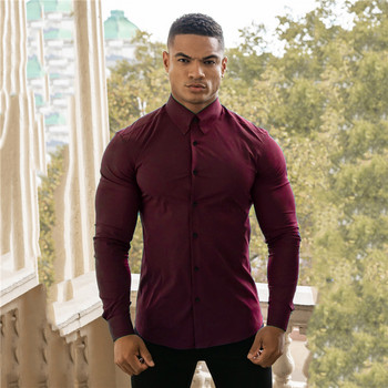 Нова есенна модна риза с дълъг ръкав за мъже, плътна мъжка фитнес мъжка отложна яка, копче, супер тънка бизнес риза за фитнес.
