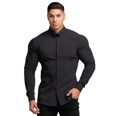 Cămașă cu mâneci întregi la modă de primăvară, toamnă, pentru bărbați, solidă, casual, slim fit, cămașă de rochie de afaceri sociale pentru bărbați, gimnastică, fitness, îmbrăcăminte sportivă