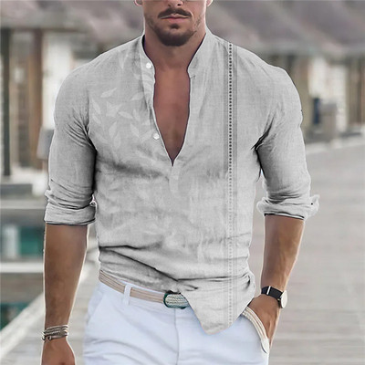 2023 Hot Selling Ανδρικό, καθημερινό, βαμβακερό λινό πουκάμισο μονόχρωμο λαιμόκοψη, μακρύ μανίκι, φαρδύ, άνοιξη και φθινόπωρο, όμορφο πουκάμισο μόδας