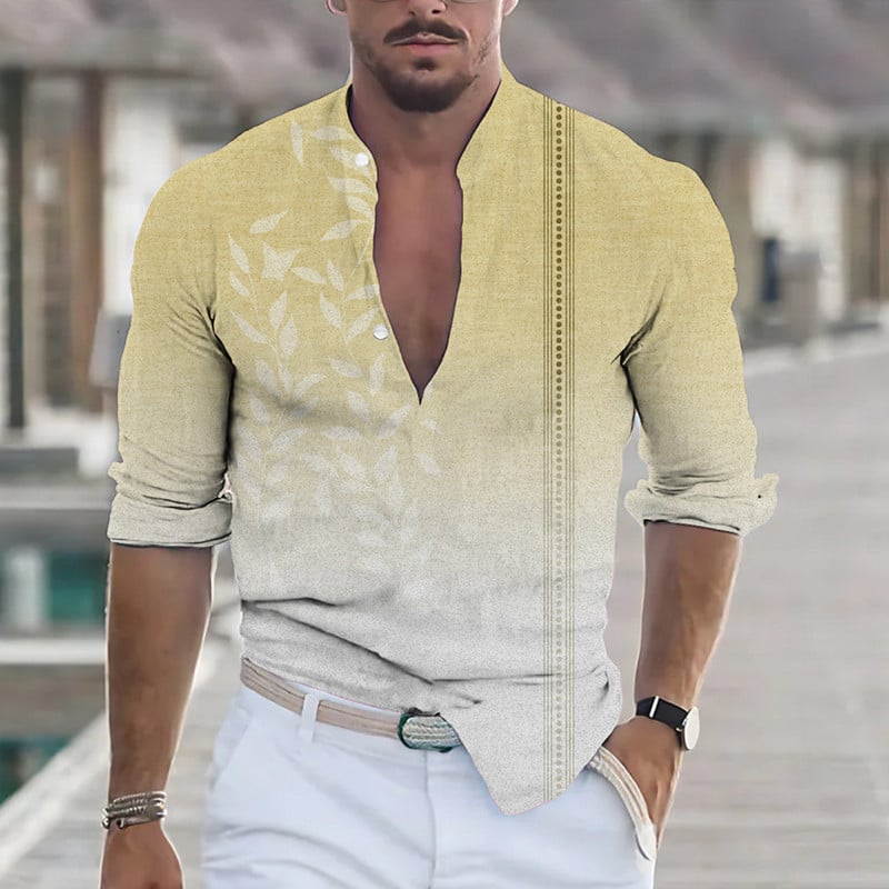 2023 Hot Selling Ανδρικό, καθημερινό, βαμβακερό λινό πουκάμισο μονόχρωμο λαιμόκοψη, μακρύ μανίκι, φαρδύ, άνοιξη και φθινόπωρο, όμορφο πουκάμισο μόδας