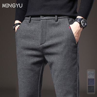 Pantaloni casual din țesătură periată de brand de iarnă pentru bărbați groși de afaceri Moda Coreea Slim Fit Stretch Gri Albastru Pantaloni negri Bărbați 38