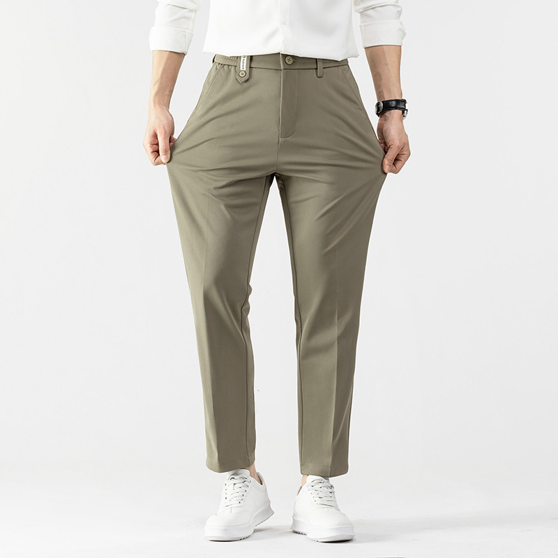 Autumn Smooth Smooth Khaki pahkluuni ulatuvad püksid Meeste äriülikond püksid ühevärvilised Stretch vabaaja brändi riided ülikond püksid meestele 28-38