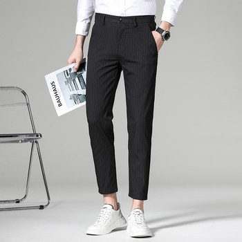 Висококачествени панталони с карирани райета до глезена Мъжки бизнес дълъг панталон Прав корейски сив черен костюм Официален панталон Мъжки