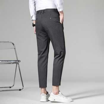 Висококачествени панталони с карирани райета до глезена Мъжки бизнес дълъг панталон Прав корейски сив черен костюм Официален панталон Мъжки