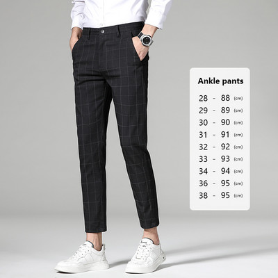 Kvaliteetne ruuduline triibuline pahkluu püksid, meeste äri, pikad püksid, sirged Korea hall must ülikond pidulikud püksid meestele