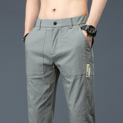 Επώνυμα καλοκαιρινά σκούρα γκρι μόδα παντελόνια με ρίγες ανδρικά, λεπτή ελαστική, λεπτή ελαστική μέση Κορεάτικο παντελόνι casual αρσενικό πράσινο μαύρο