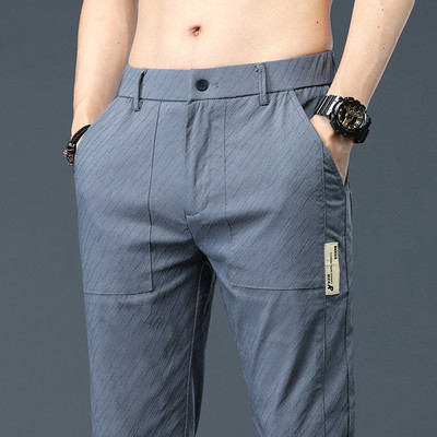 Επώνυμα καλοκαιρινά σκούρα γκρι μόδα παντελόνια με ρίγες ανδρικά, λεπτή ελαστική, λεπτή ελαστική μέση Κορεάτικο παντελόνι casual αρσενικό πράσινο μαύρο