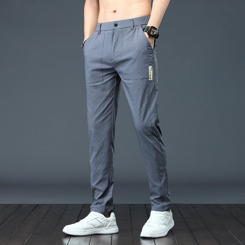 Επώνυμα καλοκαιρινά σκούρα γκρι μόδα παντελόνια με ρίγες ανδρικά, λεπτή ελαστική, λεπτή ελαστική μέση Κορεάτικο παντελόνι casual αρσενικό πράσινο μαύρο