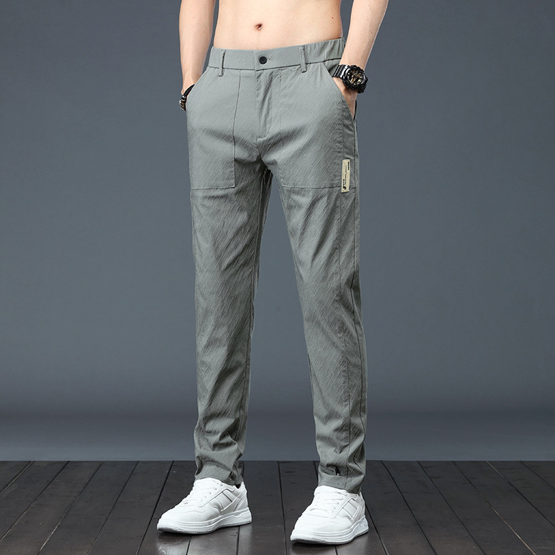 Επώνυμα καλοκαιρινά σκούρα γκρι μόδα παντελόνια με ρίγες ανδρικά, λεπτή ελαστική, λεπτή ελαστική μέση Κορεάτικο παντελόνι casual αρσενικό πράσινο μαύρο