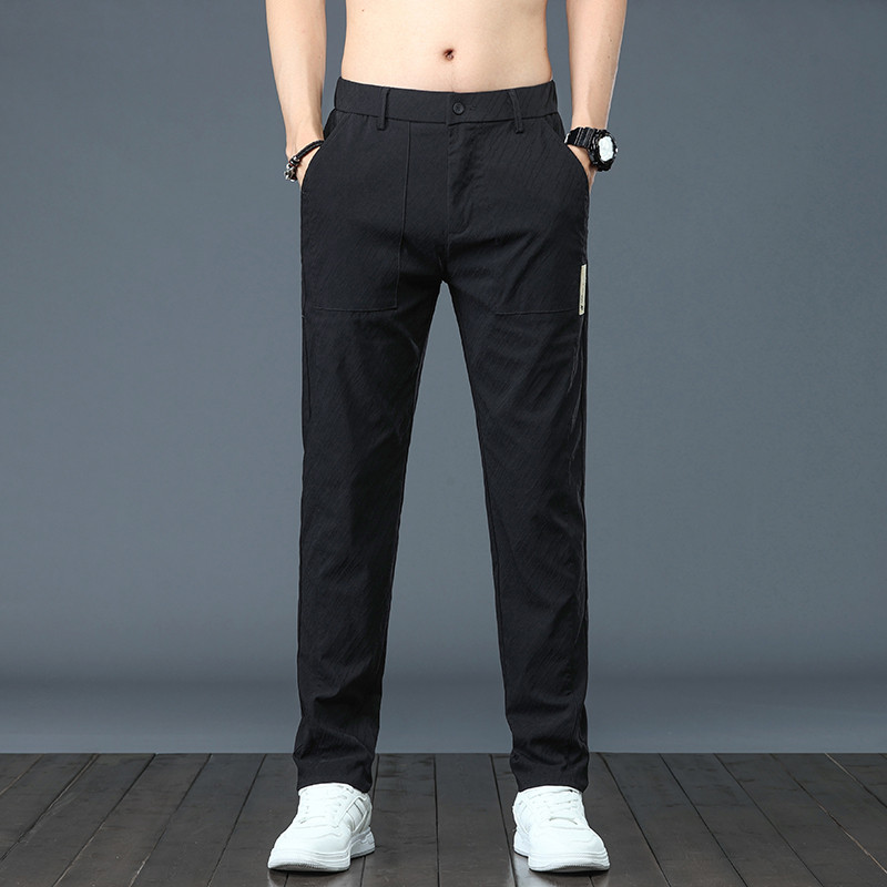 Επώνυμα καλοκαιρινά σκούρα γκρι μόδα παντελόνια με ρίγες ανδρικά, λεπτή ελαστική, λεπτή ελαστική μέση Κορεάτικο παντελόνι casual αρσενικό πράσινο μαύρο