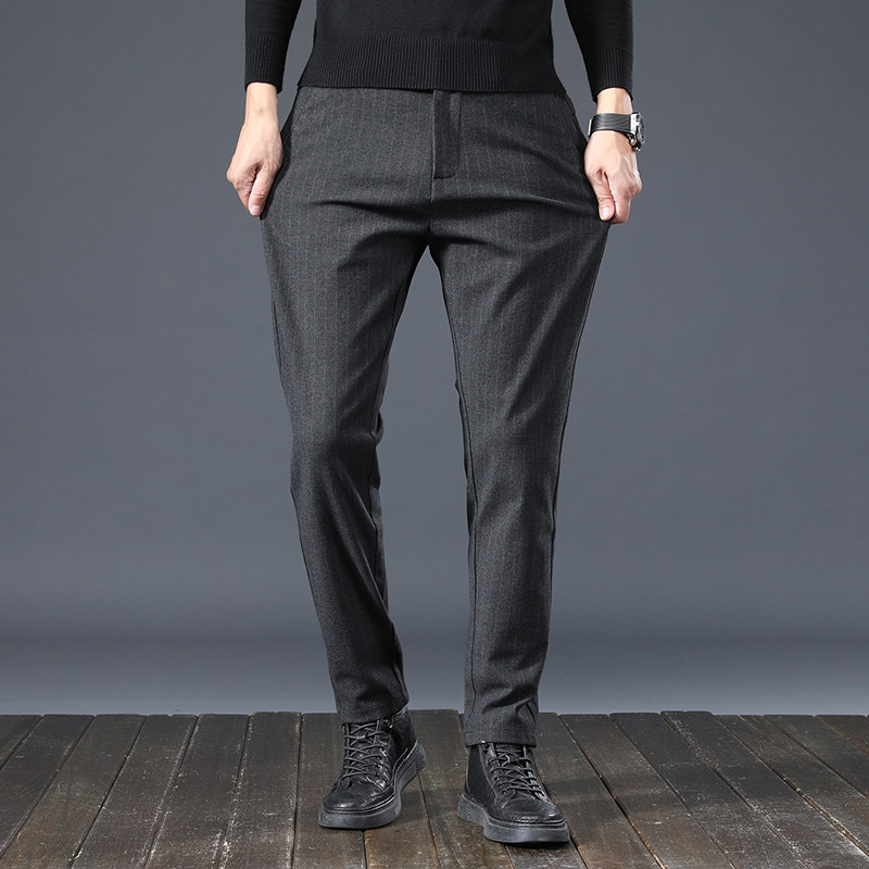 Mingyu potpuno nove hlače s prugama za proljeće i jesen, muške klasične poslovne hlače s elastičnim strukom, usko formalno odijelo, crno sive ležerne muške hlače