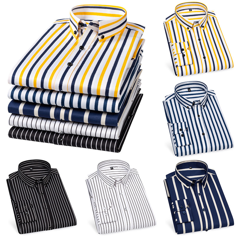 Muške ležerne košulje dugih rukava Bez željeza, prugaste zakopčane četvrtaste kragne, meka koža, novi stil, dnevne poslovne svečane košulje, odjeća