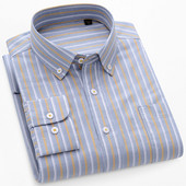 Meeste kontrastse triibulise nööpkraega Oxfordi kootud särk, ühe rinnataskuga mugavad puuvillased, tavalise istumisega vabaaja ruudulised särgid