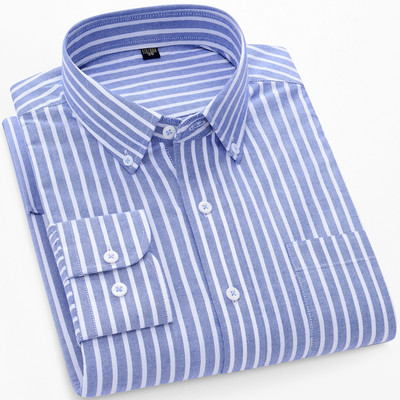 Meeste kontrastse triibulise nööpkraega Oxfordi kootud särk, ühe rinnataskuga mugavad puuvillased, tavalise istumisega vabaaja ruudulised särgid