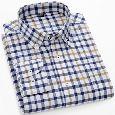 Meeste kontrastse triibulise nööpkraega Oxfordi kootud särk, ühe rinnataskuga mugavad puuvillased, tavalise istumisega vabaaja ruudulised särgid