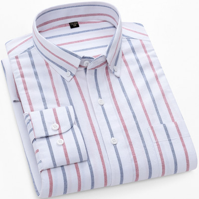 Meeste kontrastse triibulise nööpkraega Oxfordi kootud särk, ühe rinnataskuga mugavad puuvillased, tavalise istumisega vabaaja ruudulised särgid