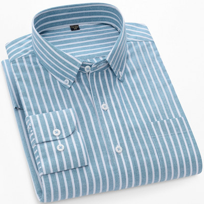 Meeste kontrastse triibulise nööpkraega Oxfordi kootud särk, ühe rinnataskuga mugavad puuvillased, tavalise istumisega vabaaja ruudulised särgid